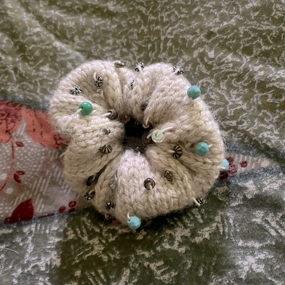 Cream and Blue Beaded Hair Scrunchie